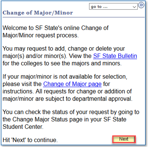 Introductive message for Online major minor change