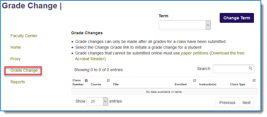 Web grade exceptions application with the grade change link circled