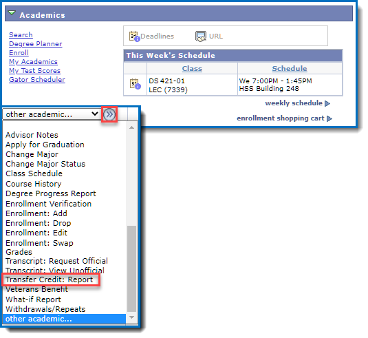 Transfer Credit location in the other academic menu