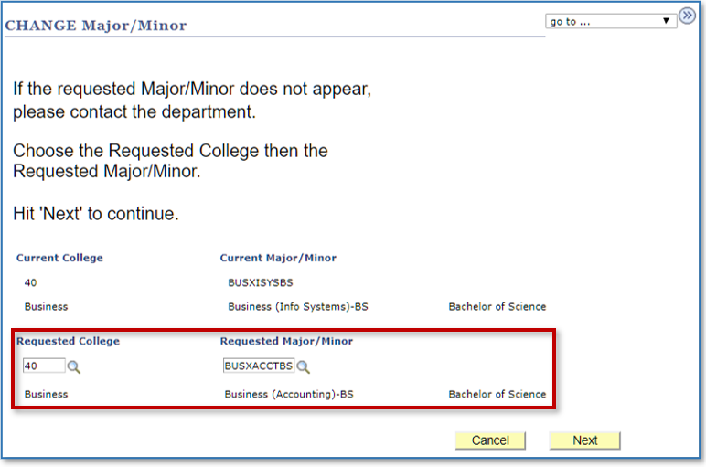 Major selection page showing both the college and major fields completed