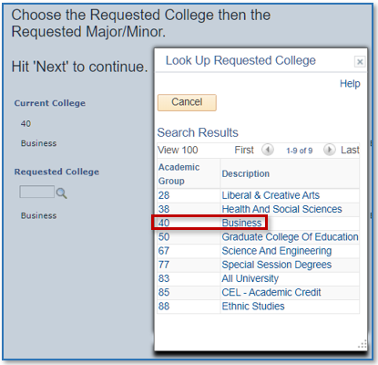 College selection popup menu listing all of the colleges.