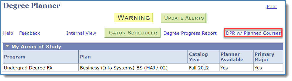 Degree planner menu with the dpr addon link highlighted