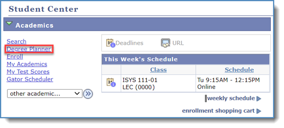 Student Center home page with the degree planner link highlighted
