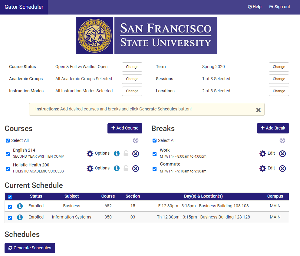 Gator Scheduler main menu