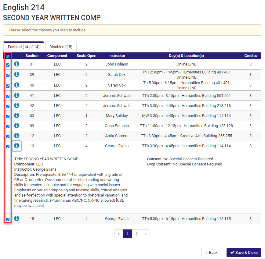 Schedule selection menu