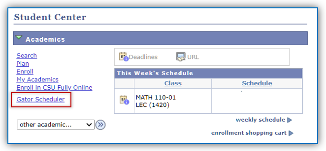 Gator Scheduler link location in teh Student Student main menu