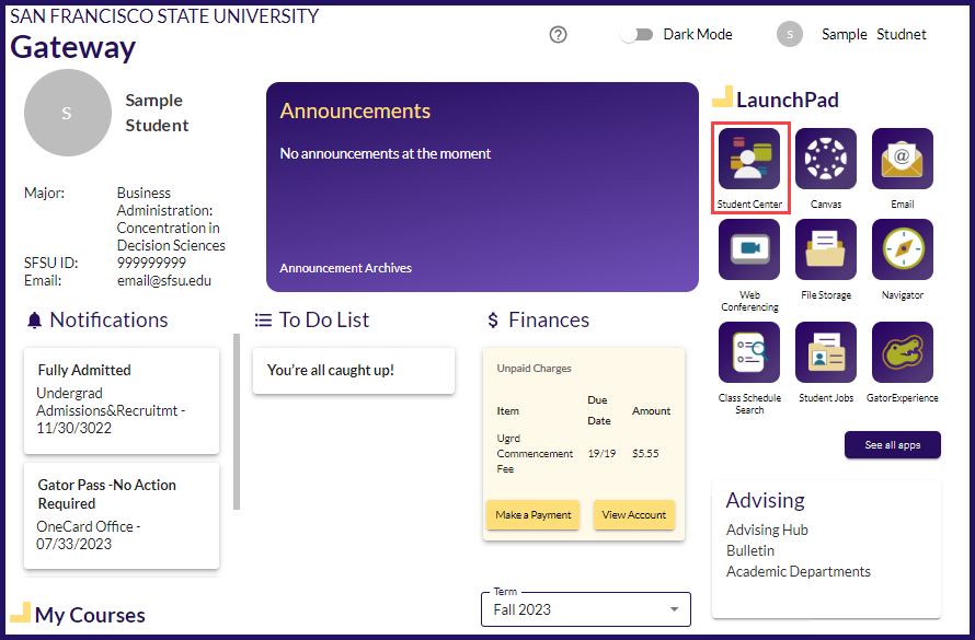 Gateway landing page with the Student Center tile highlighted