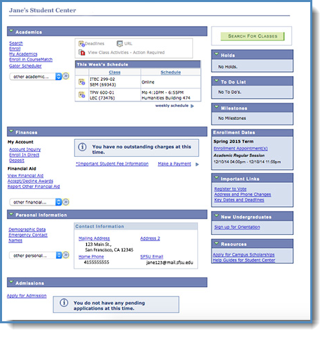 A view of all three sections of the Student Center main menu