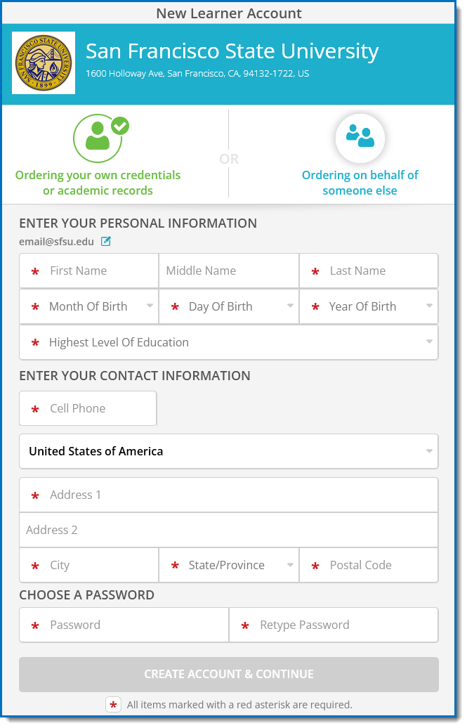 Parchment's second page for new users to enter their personal data