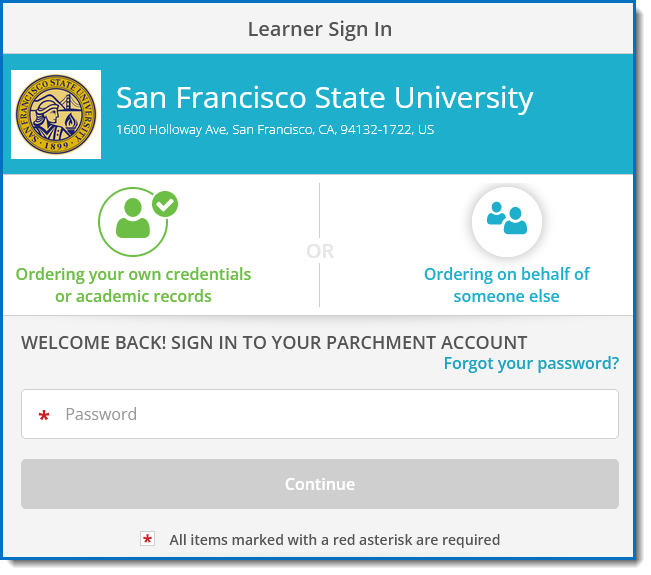 Parchmetn's second page for returning users to enter a password