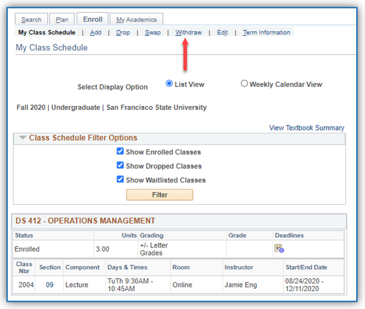 Enroll menu with the Withdraw tab indicated with a red arrow