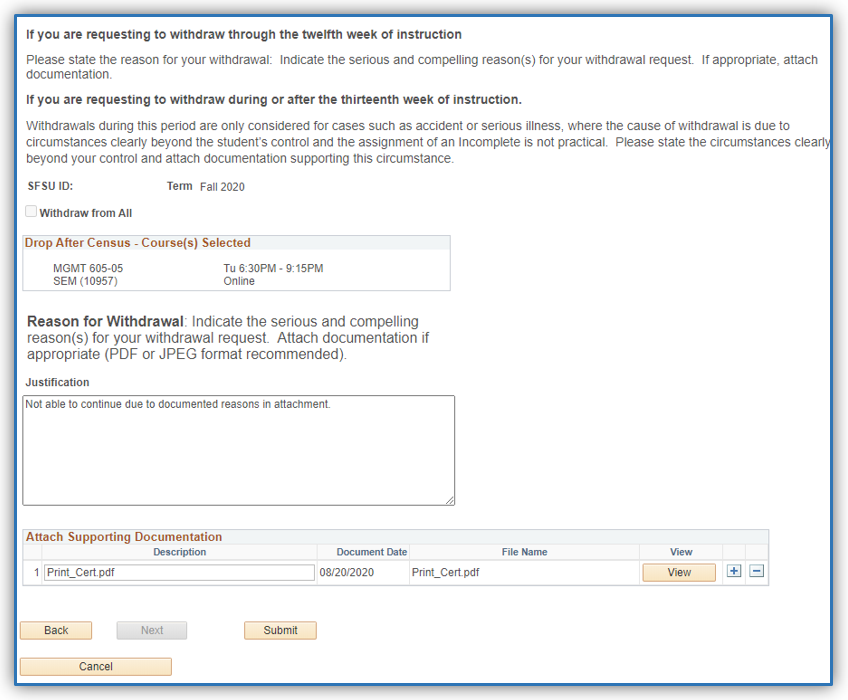 Withdrawal justification with doucment upload