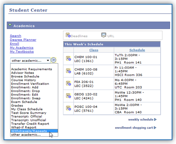 Student Cener main menu wih the withdrawal and repeats option selected