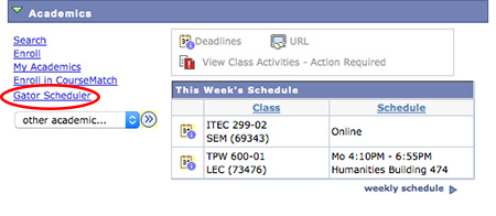 Gator scheduler link location in the student center